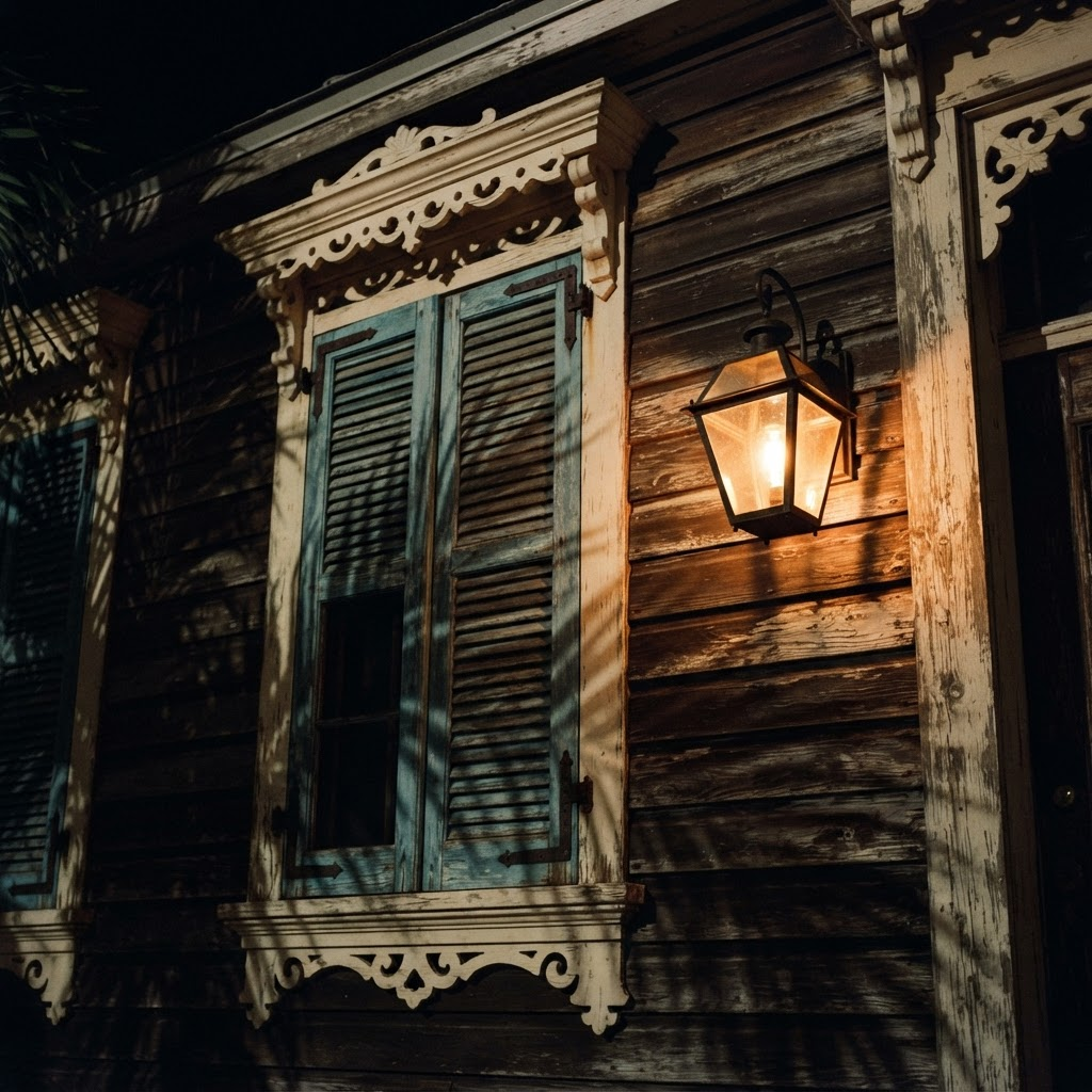 Weathered painted wood shutters and gingerbread trim of an old Key West building at night, with palm shadows.