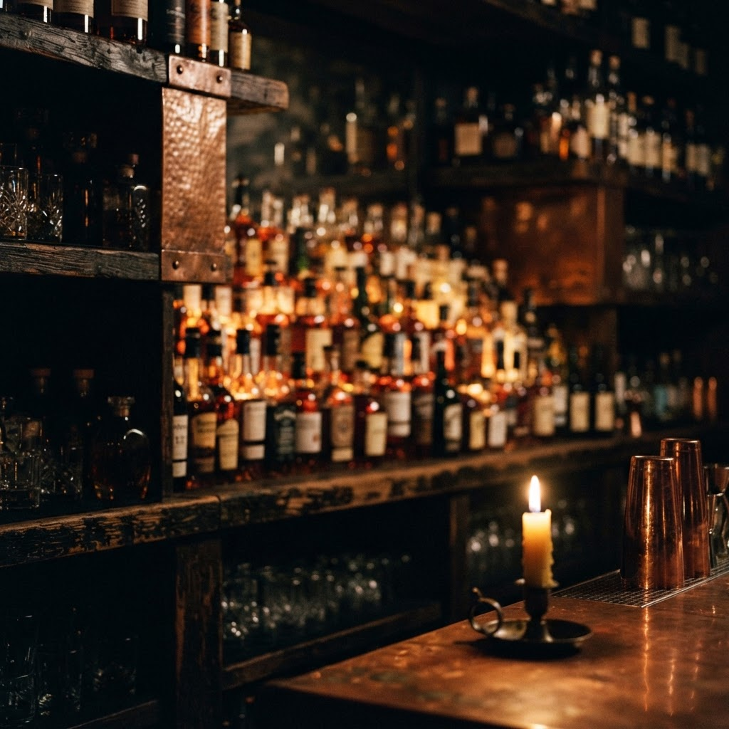 Amber-lit bottles softly out of focus behind a dark wood bar.