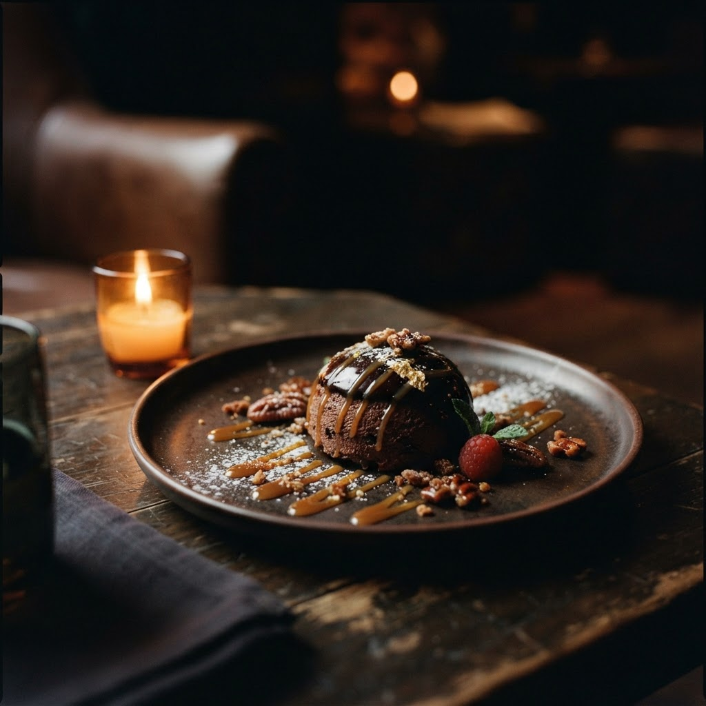 A dark plated dessert with warm caramel tones under candlelight.