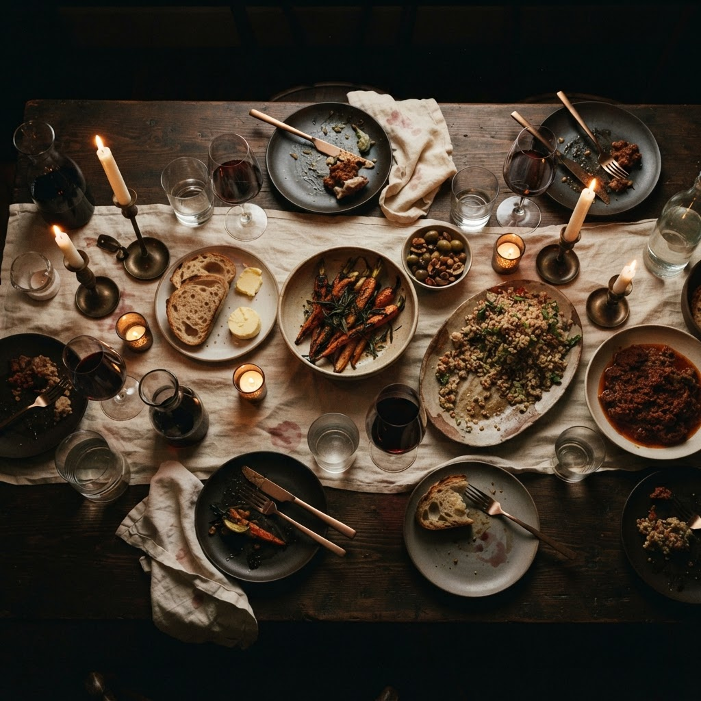 An overhead view of an intimate candlelit dinner table set for friends.
