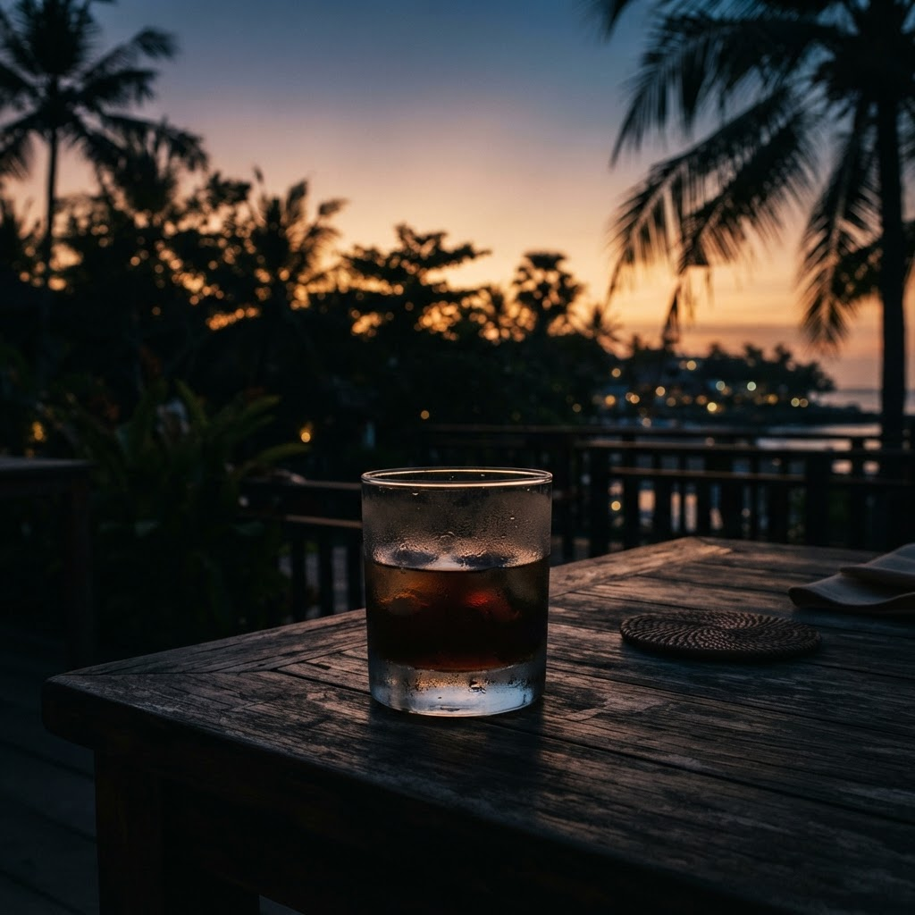A lowball glass silhouetted against a dusky coral sunset sky.