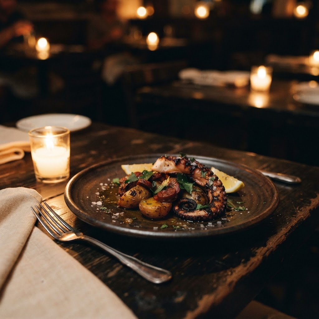 A candlelit shared small plate on dark ceramic.
