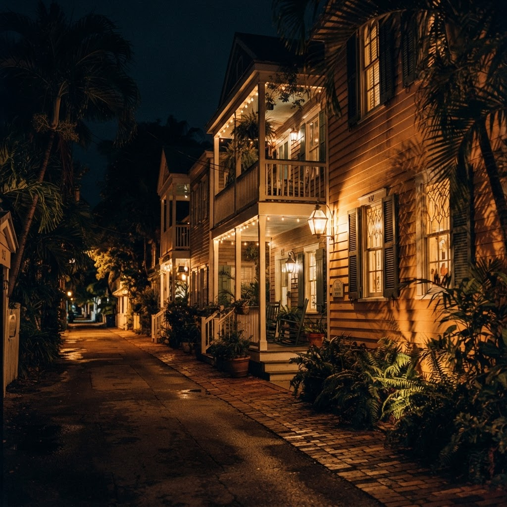 A quiet Key West street glowing with warm light at night