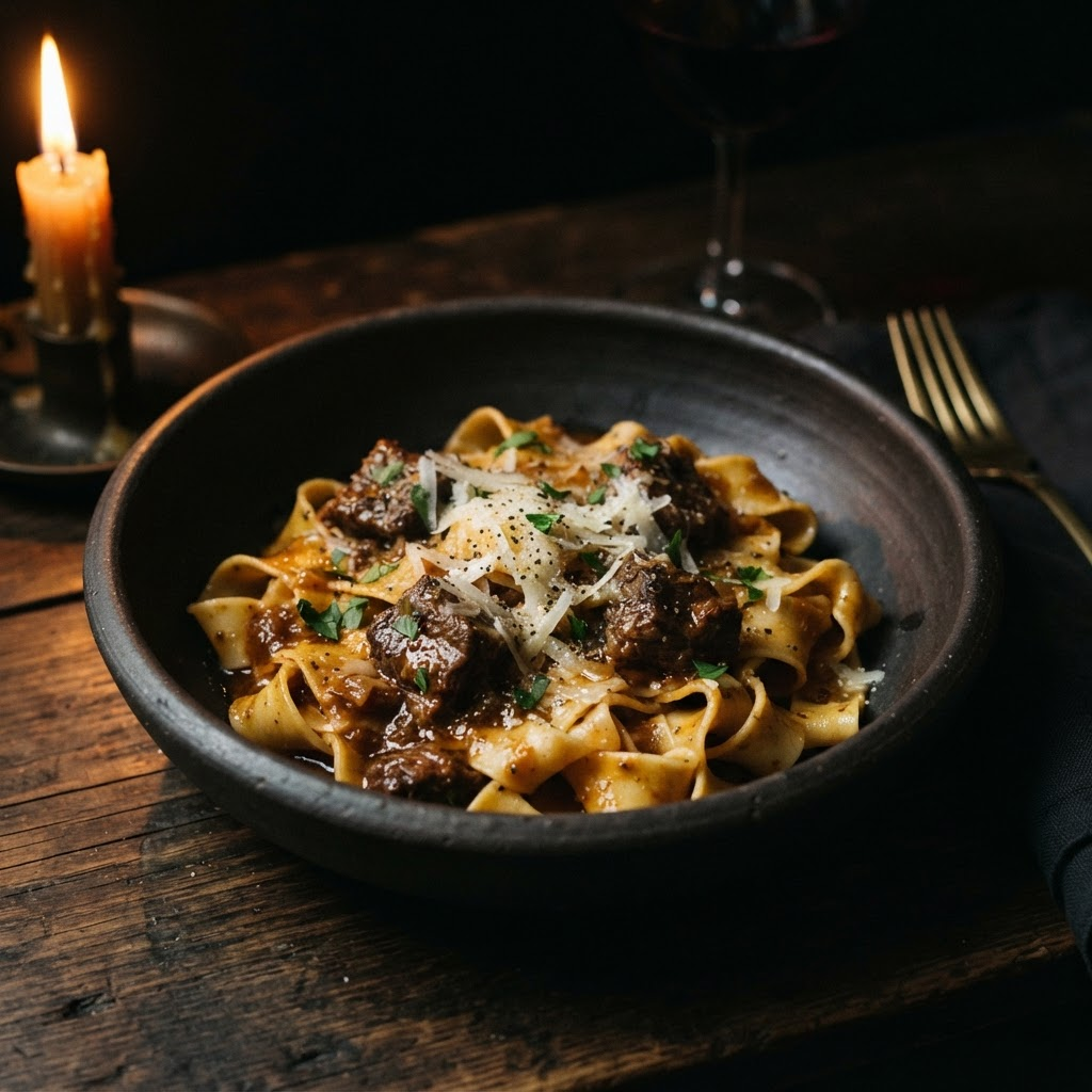 A close-up of a late-night comfort dish lit by candlelight.