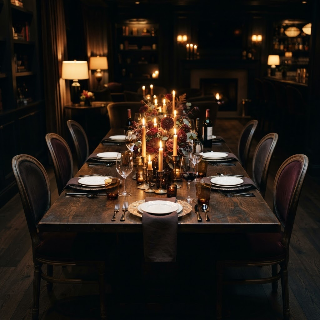 A long candlelit table set for a small private gathering in the lounge.